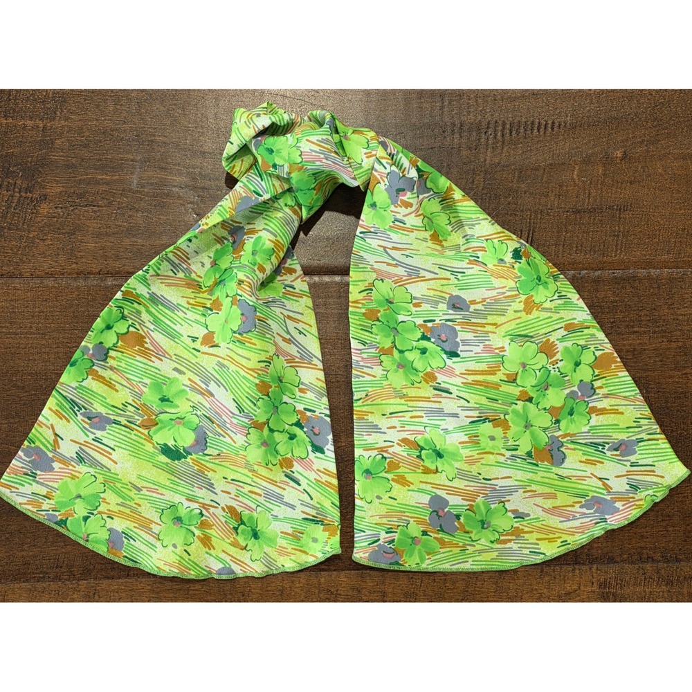 VTG Floral Mod Deadstock 70s Ponytail Scarf Lime Multi Color Tapered Made in USA